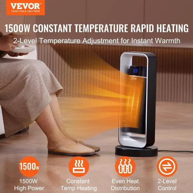 Alt view image 3 of 8 - VEVOR Electric Space Heater with Thermostat Remote Control, 1000W/1500W 2-Level Adjustable Quiet Ceramic Heater Fan, 20 in Tip-Over Shutdown Overheat Protection Small Heaters for Office Room Desk Indo