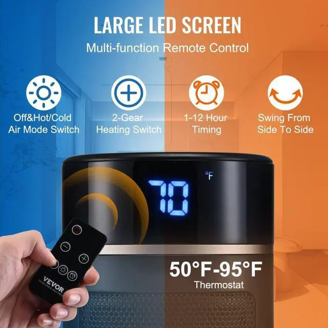 Alt view image 4 of 8 - VEVOR Electric Space Heater with Thermostat Remote Control, 1000W/1500W 2-Level Adjustable Quiet Ceramic Heater Fan, 20 in Tip-Over Shutdown Overheat Protection Small Heaters for Office Room Desk Indo
