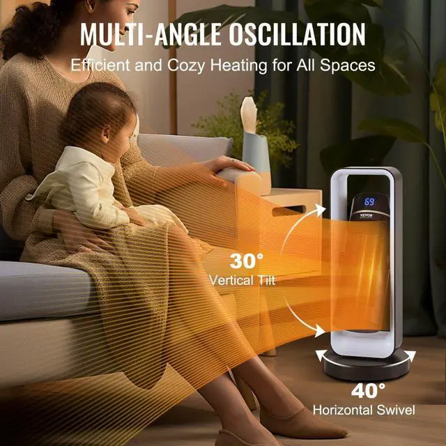 Alt view image 6 of 8 - VEVOR Electric Space Heater with Thermostat Remote Control, 1000W/1500W 2-Level Adjustable Quiet Ceramic Heater Fan, 20 in Tip-Over Shutdown Overheat Protection Small Heaters for Office Room Desk Indo
