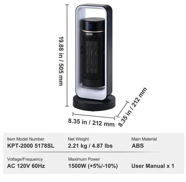 Alt view image 8 of 8 - VEVOR Electric Space Heater with Thermostat Remote Control, 1000W/1500W 2-Level Adjustable Quiet Ceramic Heater Fan, 20 in Tip-Over Shutdown Overheat Protection Small Heaters for Office Room Desk Indo