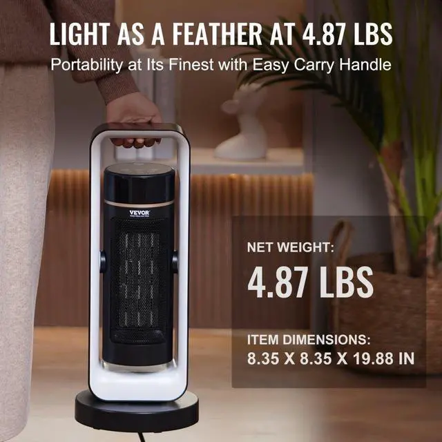 Alt view image 7 of 8 - VEVOR Electric Space Heater with Thermostat Remote Control, 1000W/1500W 2-Level Adjustable Quiet Ceramic Heater Fan, 20 in Tip-Over Shutdown Overheat Protection Small Heaters for Office Room Desk Indo