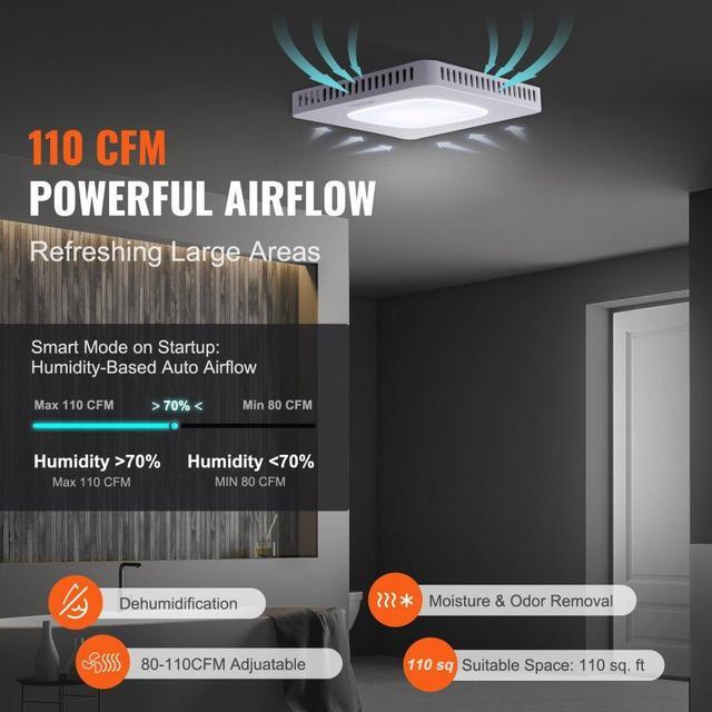 Alt view image 4 of 7 - VEVOR Bathroom Exhaust Fan, 110 CFM High-Efficiency Ventilation, 1.5sones Low Noise Operation All-Copper Motor, Energy-Saving Bathroom Ceiling Fan, Need For Attic Access, For Various Ceilings