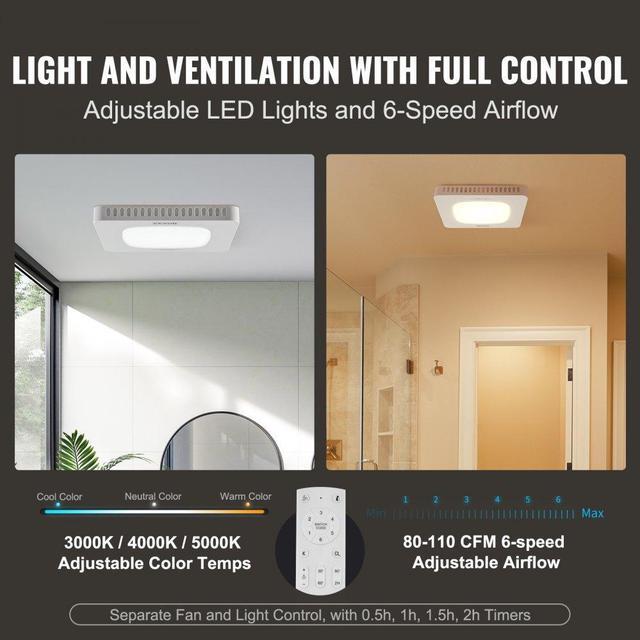 Alt view image 6 of 7 - VEVOR Bathroom Exhaust Fan, 110 CFM High-Efficiency Ventilation, 1.5sones Low Noise Operation All-Copper Motor, Energy-Saving Bathroom Ceiling Fan, Need For Attic Access, For Various Ceilings
