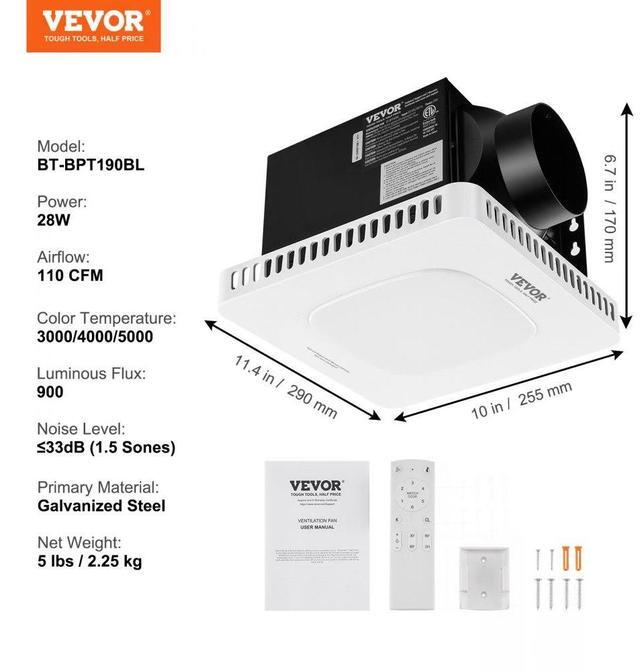 Alt view image 7 of 7 - VEVOR Bathroom Exhaust Fan, 110 CFM High-Efficiency Ventilation, 1.5sones Low Noise Operation All-Copper Motor, Energy-Saving Bathroom Ceiling Fan, Need For Attic Access, For Various Ceilings