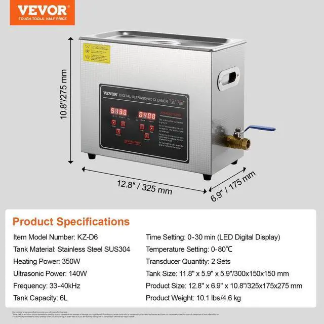 Alt view image 7 of 14 - VEVOR Ultrasonic Cleaner with Digital Timer & Heater, Professional Ultra Sonic Jewelry Cleaner, Stainless Steel Heated Cleaning Machine for Glasses Watch Rings Small Parts Circuit Board (6L)