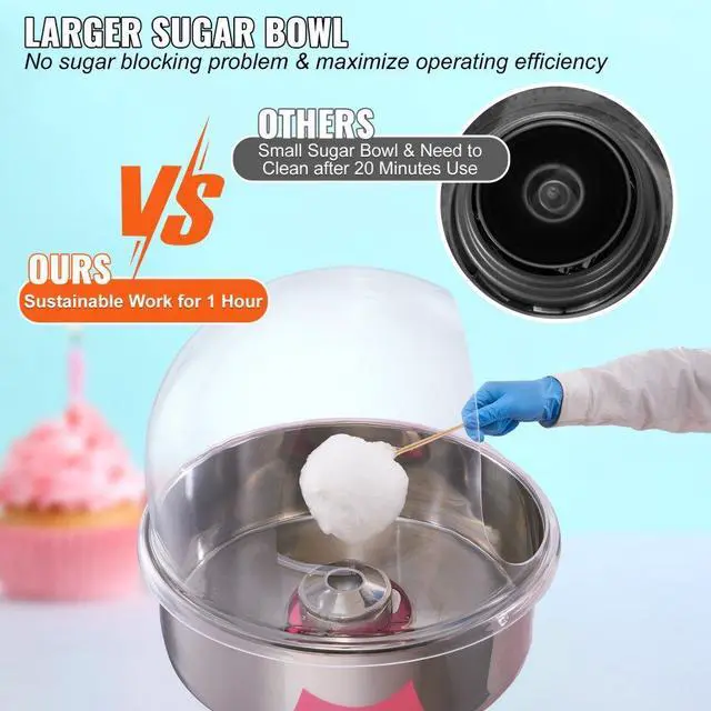 Alt view image 2 of 7 - VEVOR Electric Cotton Candy Machine Cart with Bubble Cover Shield, 1000W Commercial Floss Maker with Stainless Steel Bowl, Sugar Scoop and Drawer, Perfect for Home, Kids Birthday, Family Party, Pink