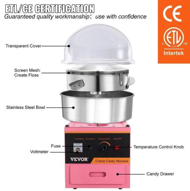 Alt view image 4 of 7 - VEVOR Electric Cotton Candy Machine, 1000W Candy Floss Maker, Commercial Cotton Candy Machine with Stainless Steel Bowl, Sugar Scoop, and Cover, Perfect for Home Kids Birthday, Family Party Pink