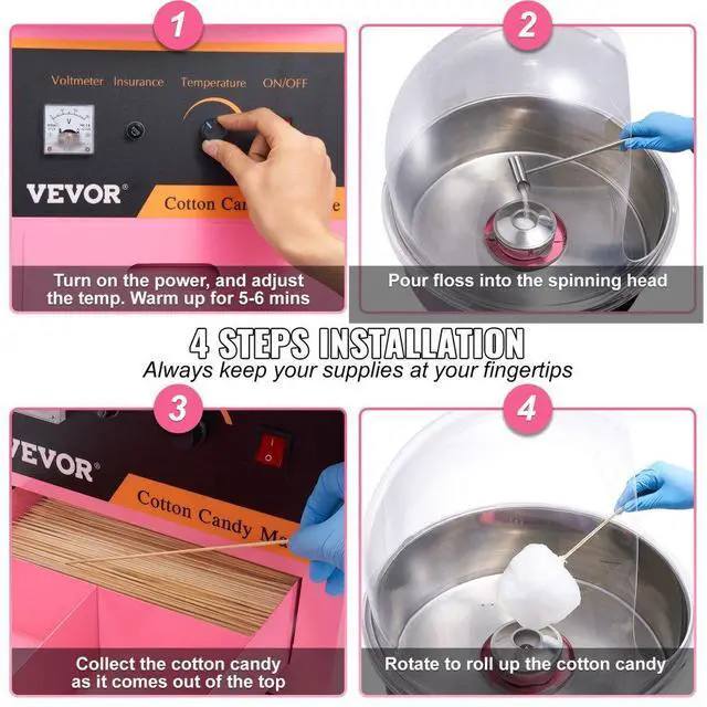 Alt view image 5 of 7 - VEVOR Electric Cotton Candy Machine, 1000W Candy Floss Maker, Commercial Cotton Candy Machine with Stainless Steel Bowl, Sugar Scoop, and Cover, Perfect for Home Kids Birthday, Family Party Pink