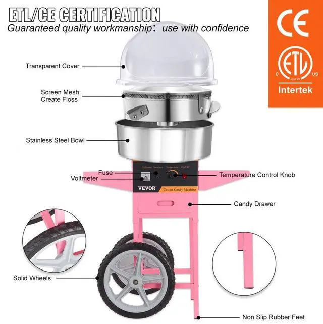 Alt view image 4 of 7 - VEVOR Electric Cotton Candy Machine Cart with Bubble Cover Shield, 1000W Commercial Floss Maker with Stainless Steel Bowl, Sugar Scoop and Drawer, Perfect for Home, Kids Birthday, Family Party, Pink