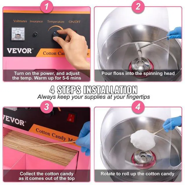 Alt view image 5 of 7 - VEVOR Electric Cotton Candy Machine Cart with Bubble Cover Shield, 1000W Commercial Floss Maker with Stainless Steel Bowl, Sugar Scoop and Drawer, Perfect for Home, Kids Birthday, Family Party, Pink