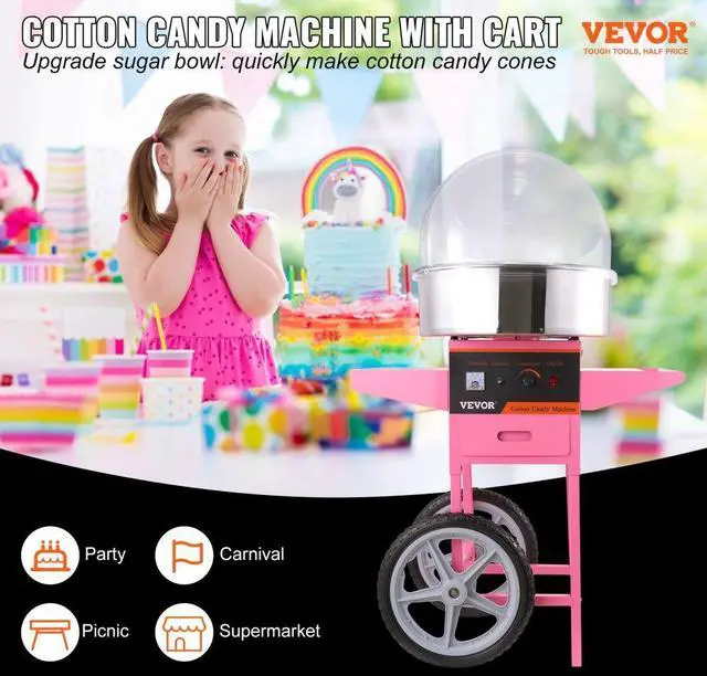 Alt view image 6 of 7 - VEVOR Electric Cotton Candy Machine Cart with Bubble Cover Shield, 1000W Commercial Floss Maker with Stainless Steel Bowl, Sugar Scoop and Drawer, Perfect for Home, Kids Birthday, Family Party, Pink