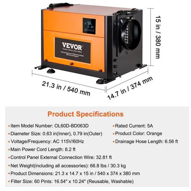 Alt view image 7 of 8 - VEVOR 125 Pints Commercial Dehumidifier with Drain Hose for Crawl Spaces  Basements Warehouse & Job Sites  Large Capacity Dehumidifier for Water Damage Restoration  Auto Defrost  CSA Listed