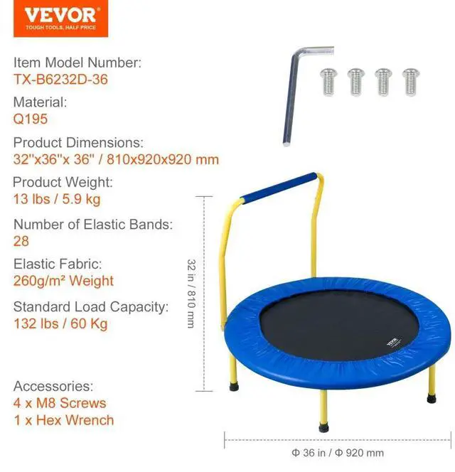 Alt view image 8 of 8 - VEVOR 3FT Trampoline for Kids Indoor/Outdoor Foldable Baby Toddlers Trampoline