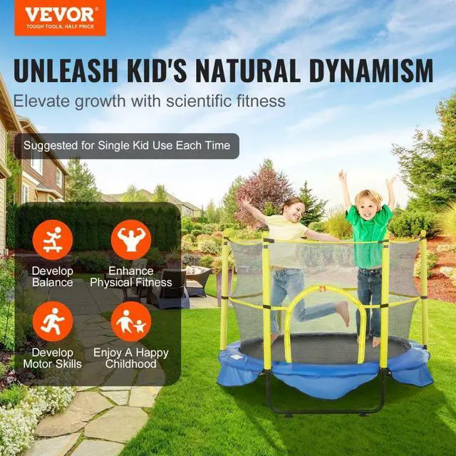 Alt view image 3 of 8 - VEVOR 5FT Trampoline for Kids, 60"  Indoor Outdoor Trampoline with Safety Enclosure Net, Basketball Hoop and Ocean Balls, Mini Toddler Recreational Trampoline Birthday Gifts for 3+ Years Kids