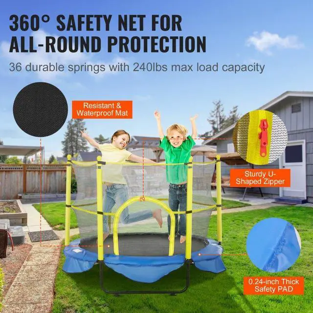 Alt view image 5 of 8 - VEVOR 5FT Trampoline for Kids, 60"  Indoor Outdoor Trampoline with Safety Enclosure Net, Basketball Hoop and Ocean Balls, Mini Toddler Recreational Trampoline Birthday Gifts for 3+ Years Kids