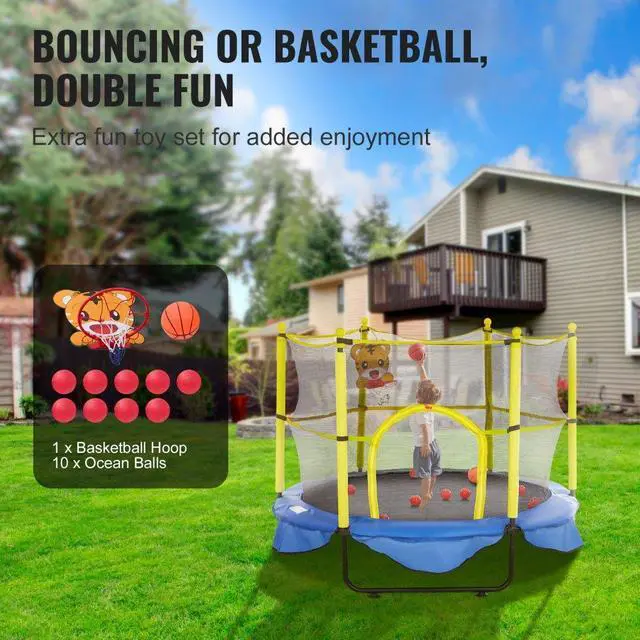Alt view image 6 of 8 - VEVOR 5FT Trampoline for Kids, 60"  Indoor Outdoor Trampoline with Safety Enclosure Net, Basketball Hoop and Ocean Balls, Mini Toddler Recreational Trampoline Birthday Gifts for 3+ Years Kids