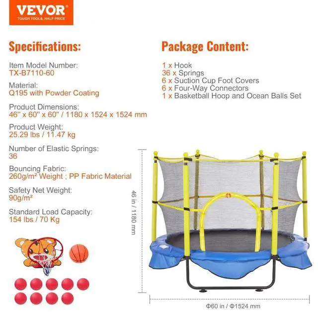 Alt view image 8 of 8 - VEVOR 5FT Trampoline for Kids, 60"  Indoor Outdoor Trampoline with Safety Enclosure Net, Basketball Hoop and Ocean Balls, Mini Toddler Recreational Trampoline Birthday Gifts for 3+ Years Kids