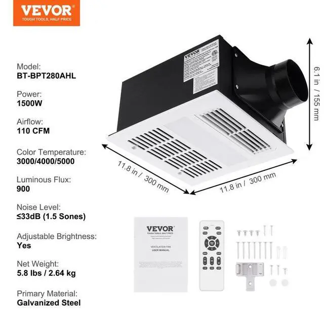 Alt view image 7 of 17 - VEVOR Bathroom Exhaust Fan, 1500W Heating, 110 CFM High-Efficiency Ventilation, 1.5sones Low Noise Operation, Energy-Saving Bathroom Ceiling Fan, Need For Attic Access, For Various Ceilings