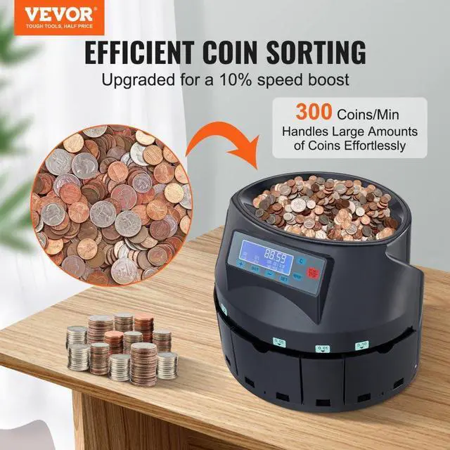 Alt view image 2 of 7 - VEVOR USD Coin Sorter Coin Counter Wrapper and Roller 300 Coins/min LCD Display