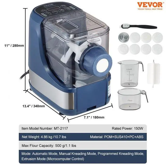 Alt view image 7 of 7 - VEVOR Electric Pasta Maker, 150W Automatic Noodle Maker Machine with 8 Pasta Shapes, 4 Intelligent Modes, 500g Flour Capacity Pasta Maker Machine with Measuring Cups, Cleaning Brush for Home Kitchen