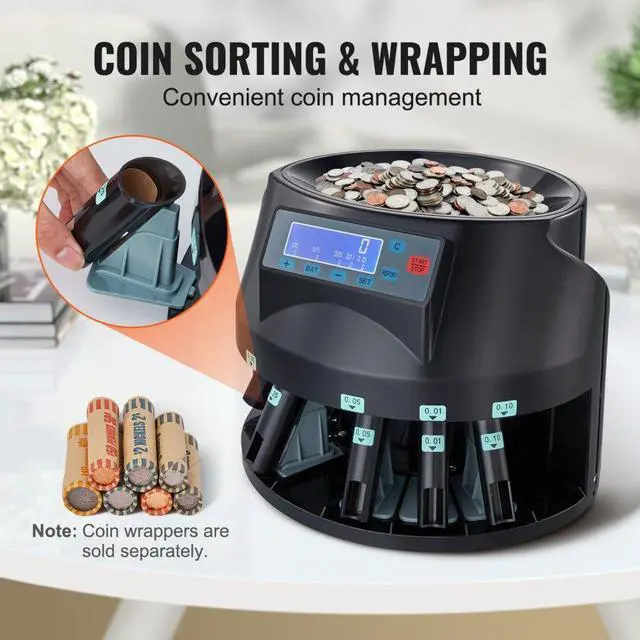 Alt view image 5 of 7 - VEVOR USD Coin Sorter Coin Counter Wrapper and Roller 300 Coins/min LCD Display
