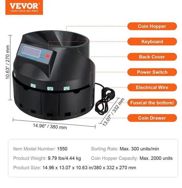 Alt view image 7 of 7 - VEVOR USD Coin Sorter Coin Counter Wrapper and Roller 300 Coins/min LCD Display