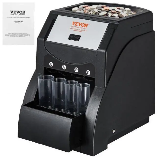 Main image of VEVOR USD Coin Sorter, Coin Sorter Machine for USD Coin 1 5 10 25, Sorts up to 230 Coins/min, Coin Sorter and Wrapper Machine Holds 200 Coins Included 4 Coin Tubes, Black