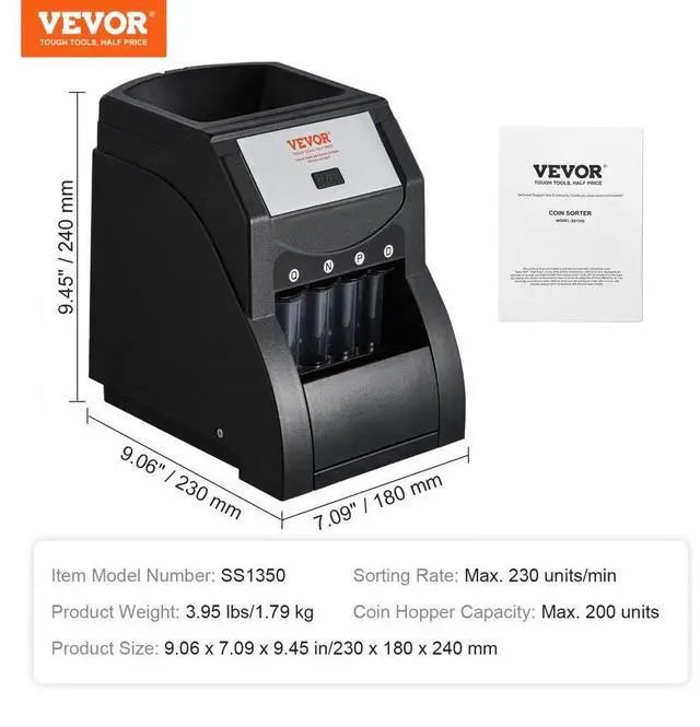 Alt view image 7 of 14 - VEVOR USD Coin Sorter, Coin Sorter Machine for USD Coin 1 5 10 25, Sorts up to 230 Coins/min, Coin Sorter and Wrapper Machine Holds 200 Coins Included 4 Coin Tubes, Black