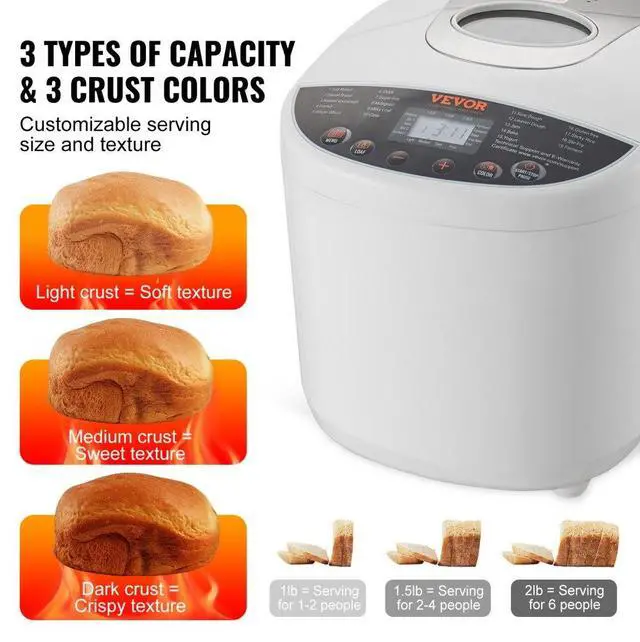Alt view image 3 of 14 - VEVOR Bread Maker, 19-in-1 2LB Dough Machine, Nonstick Ceramic Pan Automatic Breadmaker with Gluten Free Setting, Whole Wheat Bread Making, Digital, Programmable, 3 Loaf Sizes, 3 Crust Colors, White