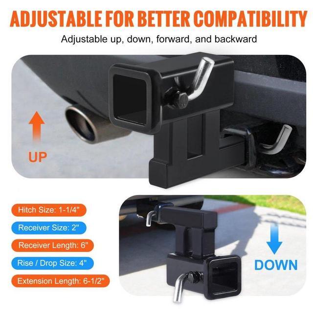 Alt view image 4 of 7 - VEVOR Hitch Adapter, 1-1/4" to 2" Receiver Hitch Extender Extension, Trailer Hitch Riser with 4" Rise/Drop, 6-1/2" Extension Length, 4000 lbs Towing Capacity, Hitch Pins, Bolt and Nut Included, Black