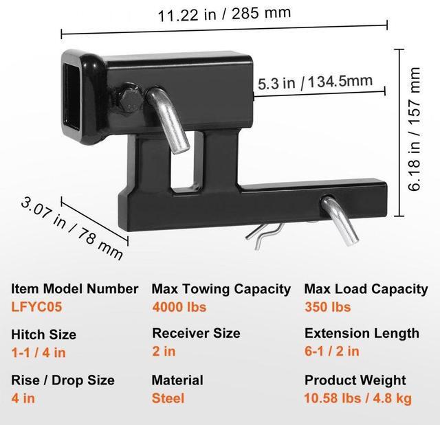 Alt view image 7 of 7 - VEVOR Hitch Adapter, 1-1/4" to 2" Receiver Hitch Extender Extension, Trailer Hitch Riser with 4" Rise/Drop, 6-1/2" Extension Length, 4000 lbs Towing Capacity, Hitch Pins, Bolt and Nut Included, Black