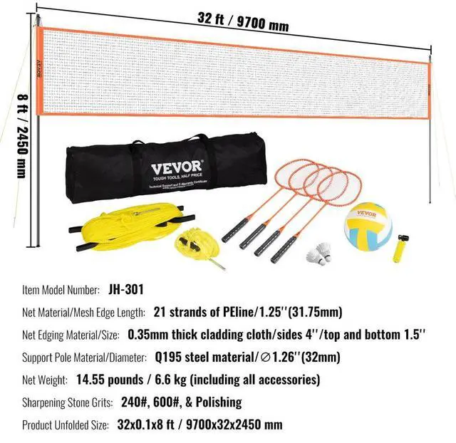 Alt view image 7 of 7 - VEVOR Volleyball and Badminton Set, Outdoor Portable Badminton Net, Adjustable Height Steel Poles, Professional Combo Set with PVC Volleyball, Pump, Carrying Bag, Easy Setup for Backyard Beach Lawn