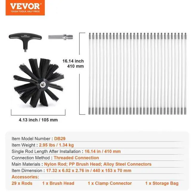 Alt view image 7 of 7 - VEVOR 40 FEET Dryer Vent Cleaner Kit, 29 Pieces Duct Cleaning Brush, Reinforced Nylon Dryer Vent Brush, Dryer Cleaning Tools Lint Remover with Flexible Lint Trap Brush, Clamp Connectors
