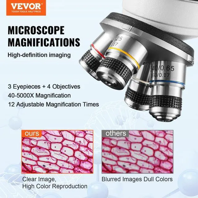 Alt view image 2 of 14 - VEVOR Compound Trinocular Microscope, 40X-5000X Magnification Trinocular Compound Lab Microscope with Two-Layer Mechanical Stage, External Interface, LED Illumination and Microscope Slides Included