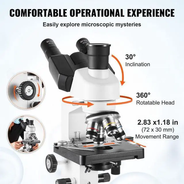 Alt view image 4 of 14 - VEVOR Compound Trinocular Microscope, 40X-5000X Magnification Trinocular Compound Lab Microscope with Two-Layer Mechanical Stage, External Interface, LED Illumination and Microscope Slides Included