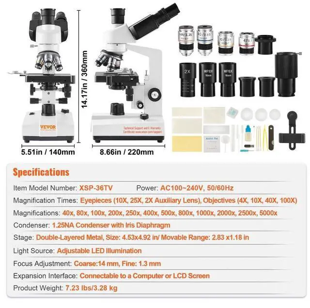 Alt view image 7 of 14 - VEVOR Compound Trinocular Microscope, 40X-5000X Magnification Trinocular Compound Lab Microscope with Two-Layer Mechanical Stage, External Interface, LED Illumination and Microscope Slides Included
