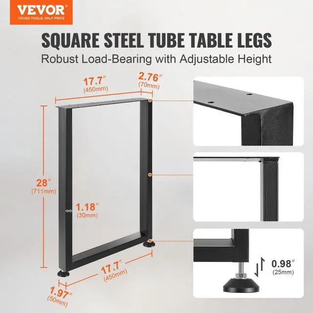 Alt view image 2 of 14 - VEVOR 28 Inch Adjustable Furniture Legs, Square Reinforced Steel Office Table legs Set of 2 for DIY, Max Load 1000 lbs Heavy Duty Desk Legs, Quick Instalation & Rich Accessories Legs Black