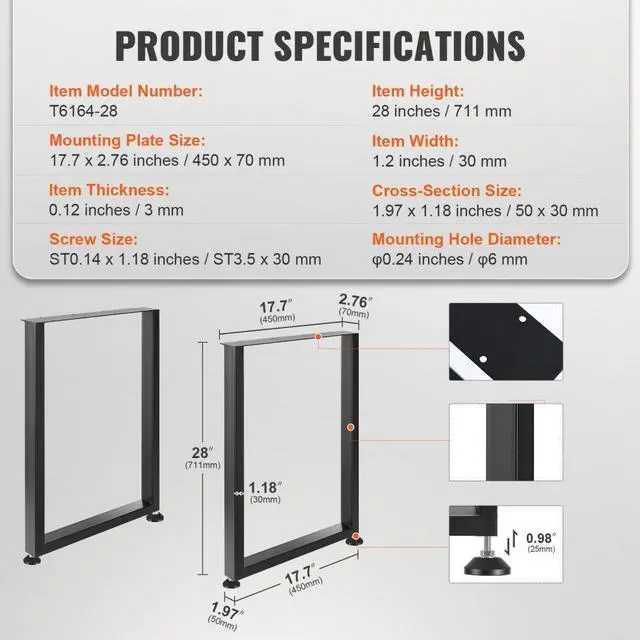 Alt view image 7 of 14 - VEVOR 28 Inch Adjustable Furniture Legs, Square Reinforced Steel Office Table legs Set of 2 for DIY, Max Load 1000 lbs Heavy Duty Desk Legs, Quick Instalation & Rich Accessories Legs Black