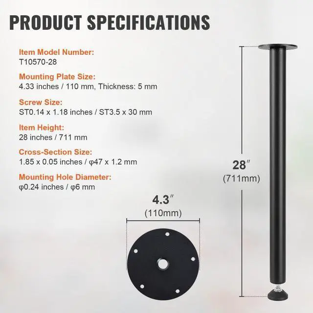 Alt view image 7 of 7 - VEVOR 28 Inch Adjustable Desk Legs, Reinforced Steel Office Table Furniture legs Set of 4 for DIY, 1200 lbs Load Capacity Heavy Duty Desk Legs, Quick Instalation Legs with Adjustable Foot Cup Black