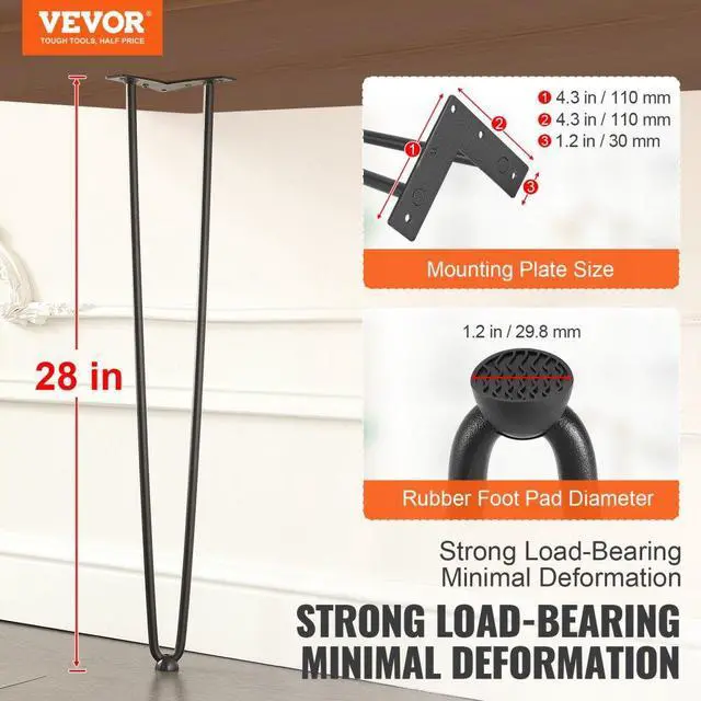Alt view image 2 of 14 - VEVOR 28" Hairpin Furniture Legs, Metal Home DIY Projects for Nightstand, Coffee Table, Desk, 500lbs Load Capacity with Rubber Floor Protectors, Metal Heavy Duty Sturdy Modern Table Legs, 4PCS Black