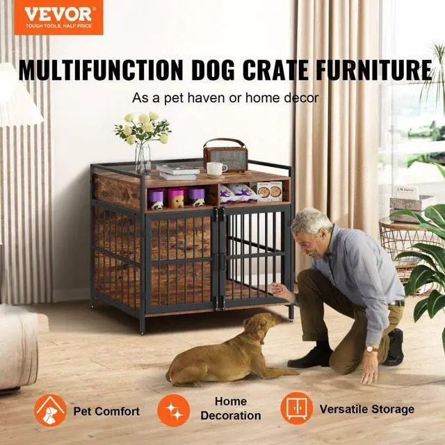 Alt view image 2 of 7 - VEVOR Furniture Style Dog Crate with Storage, 41 inch Dog Crate Furniture Large Breed with Double Doors, Wooden Dog Cage for Large/Medium Dog Indoor, Hold up to 70 lbs, Rustic Brown