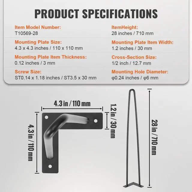 Alt view image 7 of 14 - VEVOR 28" Hairpin Furniture Legs, Metal Home DIY Projects for Nightstand, Coffee Table, Desk, 500lbs Load Capacity with Rubber Floor Protectors, Metal Heavy Duty Sturdy Modern Table Legs, 4PCS Black