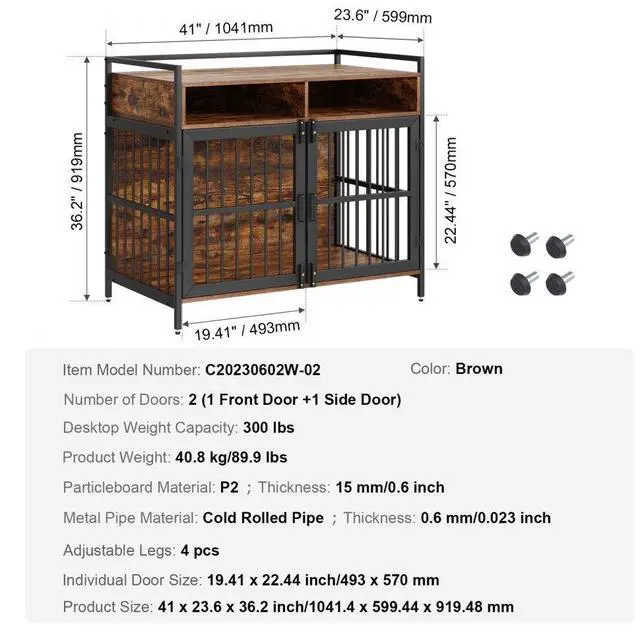 Alt view image 7 of 7 - VEVOR Furniture Style Dog Crate with Storage, 41 inch Dog Crate Furniture Large Breed with Double Doors, Wooden Dog Cage for Large/Medium Dog Indoor, Hold up to 70 lbs, Rustic Brown
