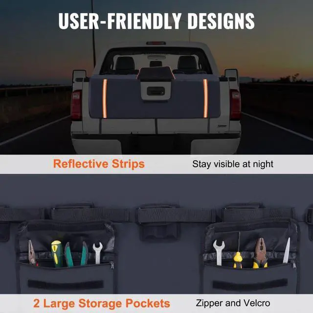 Alt view image 6 of 7 - VEVOR Tailgate Bike Pad, 53" Truck Tailgate Pad Carry 5 Mountain Bikes, Upgraded Grooves Tailgate Protection Pad with Reflective Strips and Tool Pockets, with Camera Opening for Mid-Size Pickup Trucks