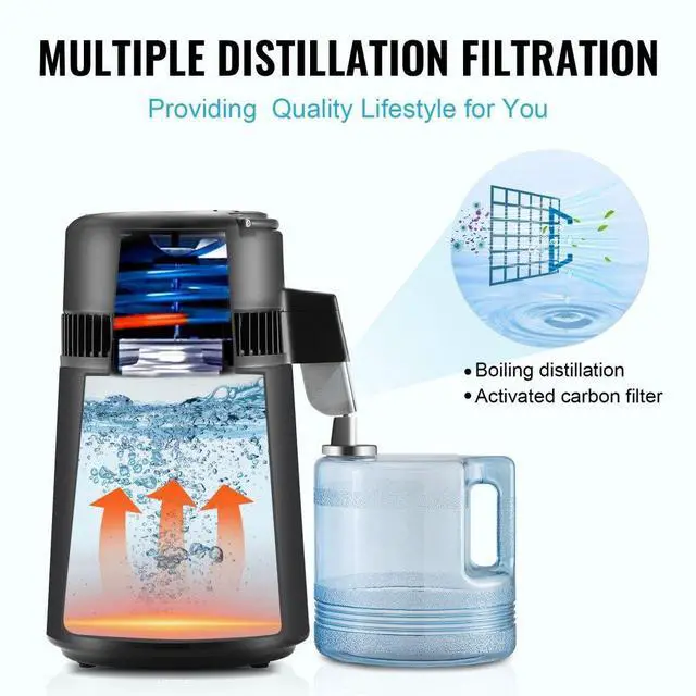 Alt view image 4 of 7 - VEVOR Water Distiller, 4L 1.05 Gallon Pure Water Purifier Filter For Home Countertop, 750W Distilled Water Maker, Stainless Steel Interior Distiller Water Making Machine to Make Clean Water, Black