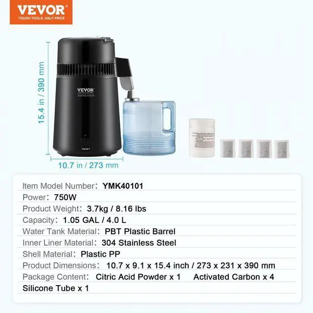 Alt view image 7 of 7 - VEVOR Water Distiller, 4L 1.05 Gallon Pure Water Purifier Filter For Home Countertop, 750W Distilled Water Maker, Stainless Steel Interior Distiller Water Making Machine to Make Clean Water, Black