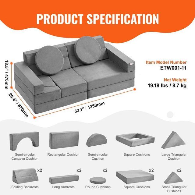 Alt view image 7 of 7 - VEVOR Play Couch, Modular Kids Nugget Couch 15pcs, Toddler Foam Sofa Couch with High-density 25D Sponge for Playing, Creating, Sleeping, Imaginative Kids Furniture for Bedroom and Playroom