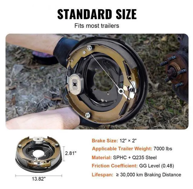 Alt view image 4 of 7 - VEVOR Electric Trailer Brake Assembly, 12" x 2", 2 Pairs Self-Adjusting Electric Brakes Kit for 7000 lbs Axle, 5-Hole Mounting, Backing Plates for Braking System Part Replacement (2 Right + 2 Left)