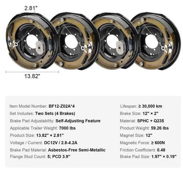 Alt view image 7 of 7 - VEVOR Electric Trailer Brake Assembly, 12" x 2", 2 Pairs Self-Adjusting Electric Brakes Kit for 7000 lbs Axle, 5-Hole Mounting, Backing Plates for Braking System Part Replacement (2 Right + 2 Left)