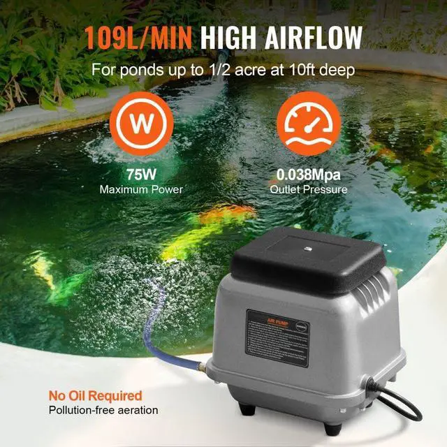 Alt view image 3 of 7 - VEVOR Linear Air Pump, 109L/Min Air Flow Septic Aerator Pump, Aeration System for 1/2 Acre 10 FT Deep Ponds, Water Gardens, Waste Treatments, Septic Tanks, Aquariums, Seafood Restaurants, Fish Farms